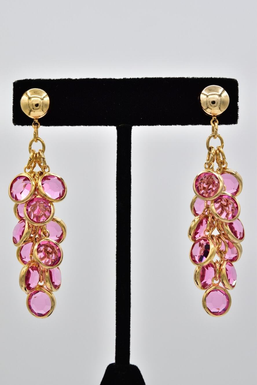 Vintage Pink Open Bezel Crystal Dangle Earrings Gold Chandelier 1980s BinAZ